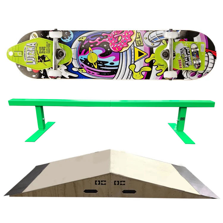 Skateboard with colorful design on a white background, followed by a green half-pipe and a small ramp.