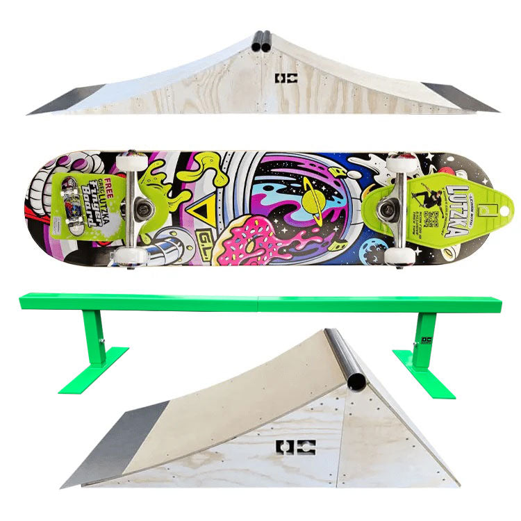 A collection of skateboard ramps and a skateboard with a colorful, graffiti-style design. The ramps appear to be made of wood with a smooth finish.
