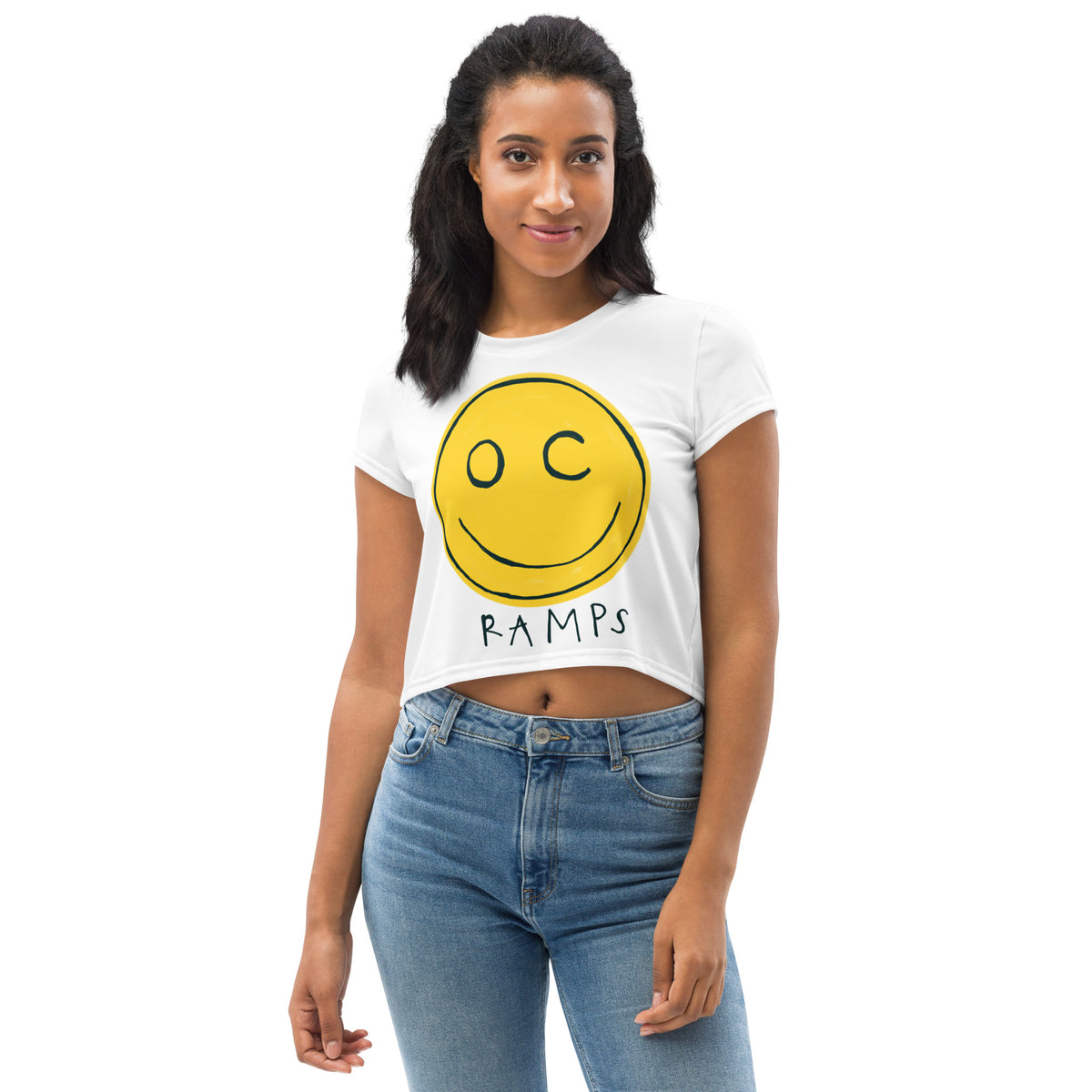 OC Ramps Happy Face Womens Crop Tee — front view — OC Ramps skateboard brand t-shirt