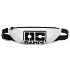 Front view of the white fanny pack with a black OC Ramps logo