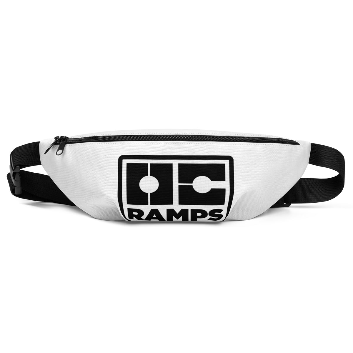 Front view of the white fanny pack with a black OC Ramps logo
