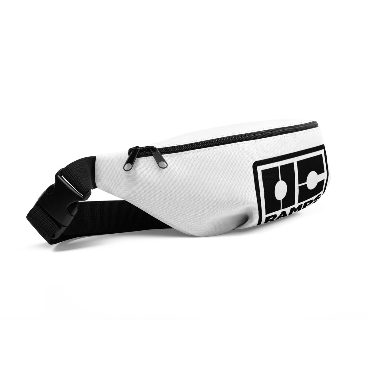 Angled view of the white OC Ramps fanny pack with black zipper and strap