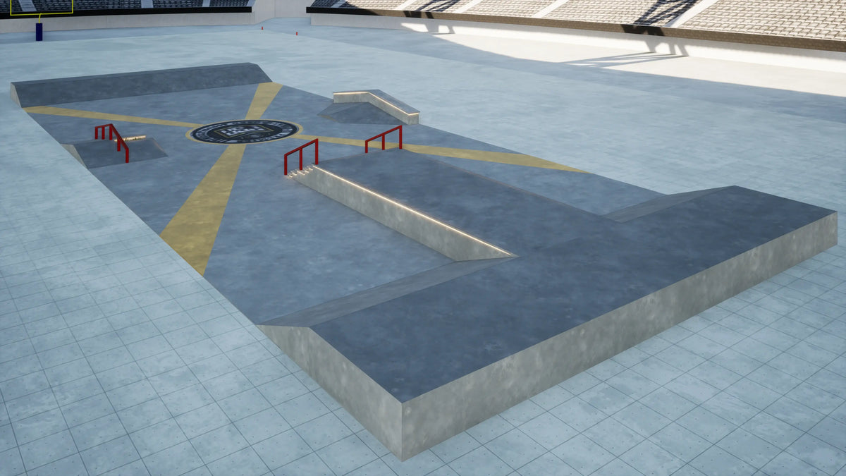 Completed skate setup with large platform, a ramp, a flat section with yellow painted lines, and red metal rails, at the Thousand Oaks Teen Center.