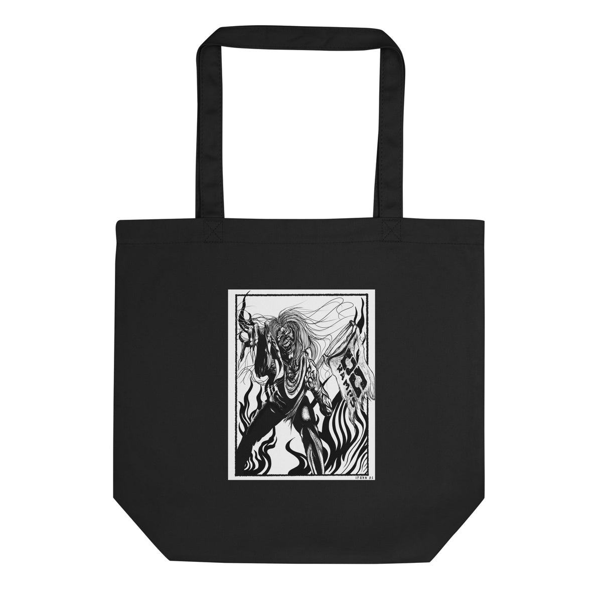 Black tote bag with the black-and-white Fulgore Demon graphic