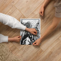 Two people assembling the black-and-white OC Ramps Fulgor jigsaw puzzle on a wooden floor