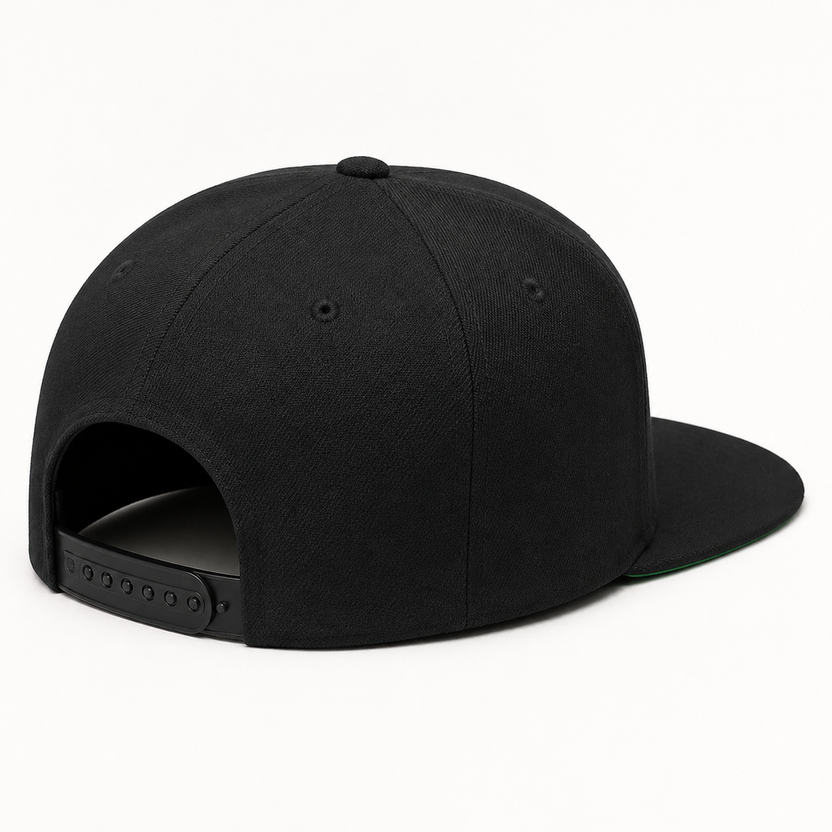 Rear view of the OC Ramps black snapback with adjustable closure and green undervisor
