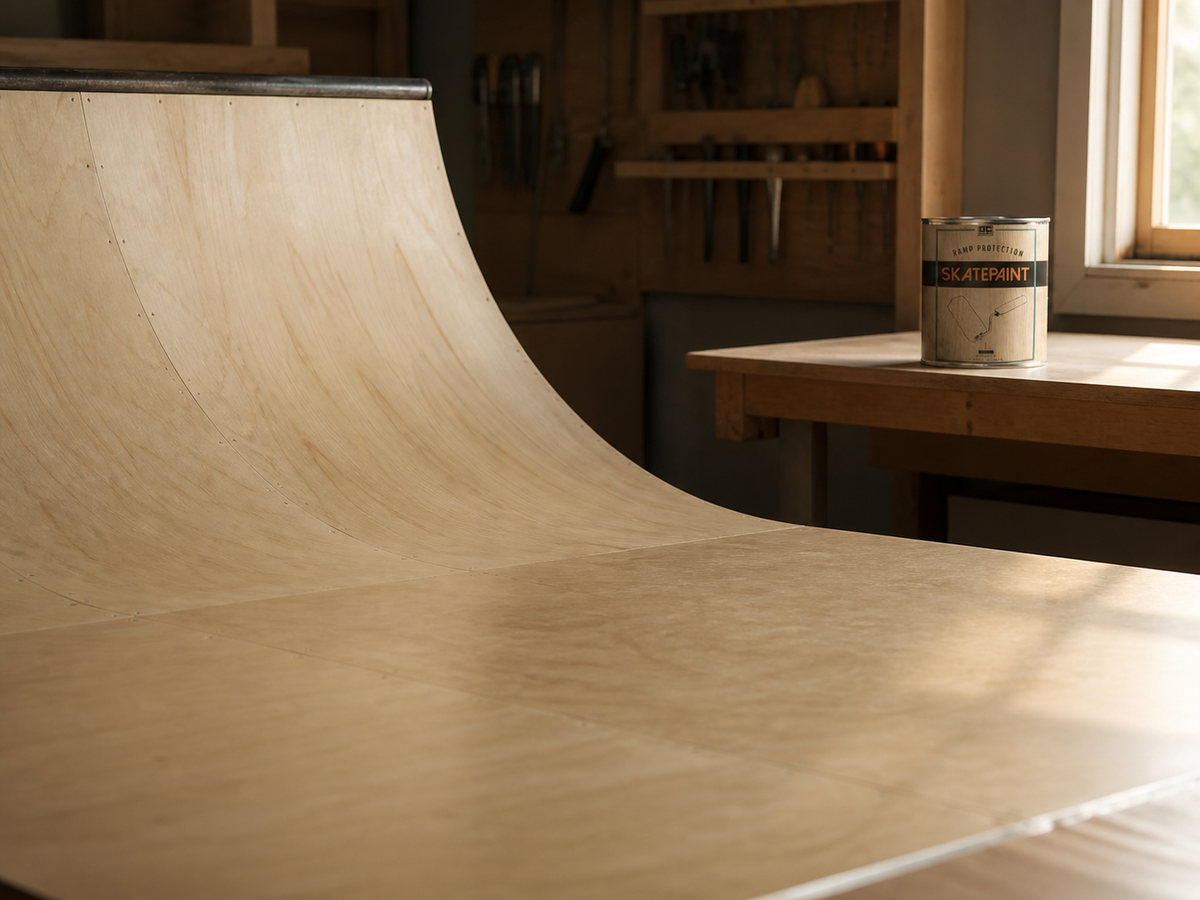 Wooden mini ramp resting indoors while its Skate Paint coat dries