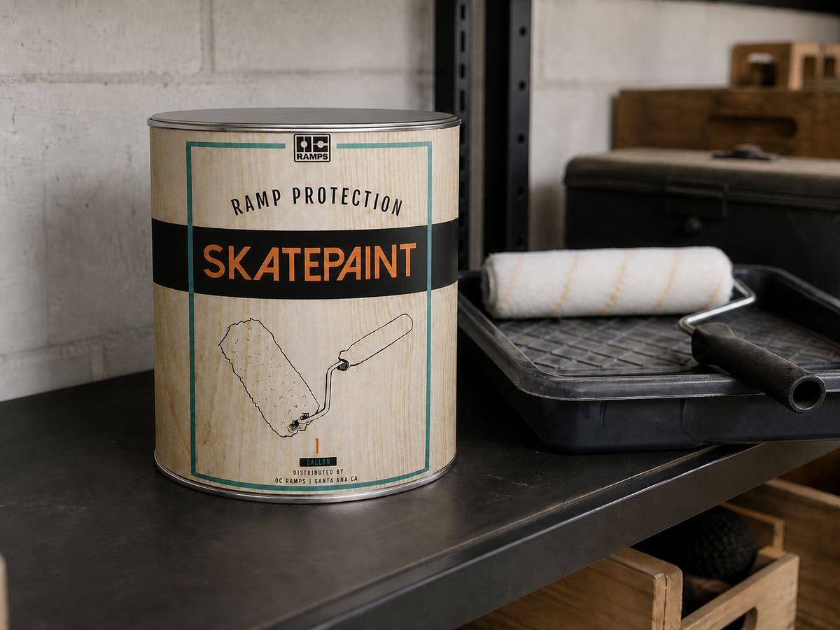 Resealed one gallon OC Ramps Skate Paint can stored with a clean roller and tray