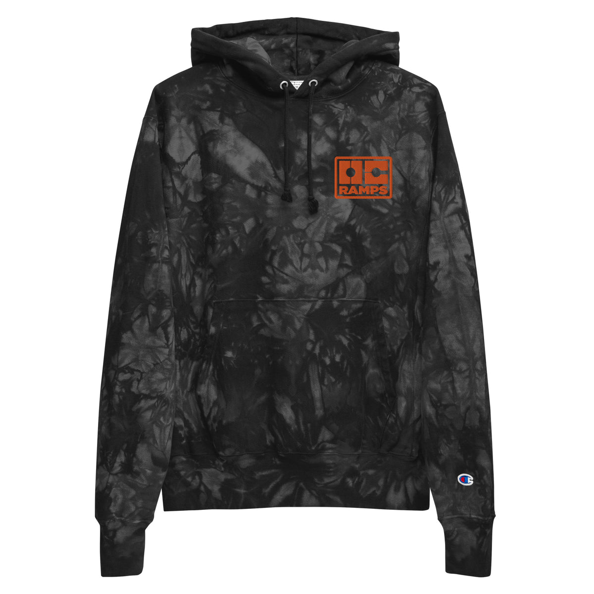 OC Ramps OC Ramps x Champion tie-dye hoodie — front view — OC Ramps skate brand hoodie