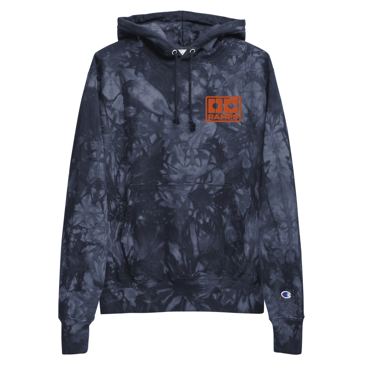 OC Ramps OC Ramps x Champion tie-dye hoodie — front view — skateboard brand sweatshirt