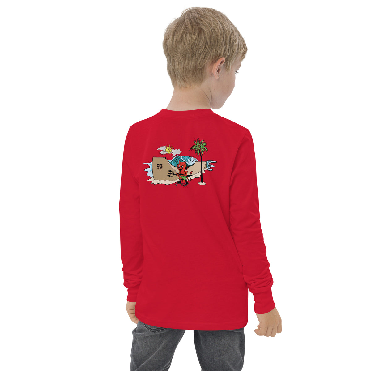 OC Ramps Lil Devil Youth long sleeve tee — rear view — OC Ramps skateboard brand t-shirt