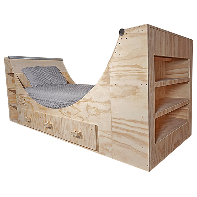 OC Ramps half pipe bed left-side angle with bookshelf