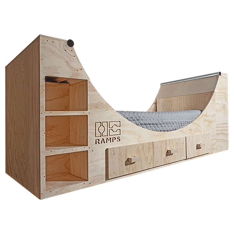 OC Ramps half pipe bed side angle with shelves and drawers