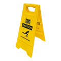 Angled view of the yellow OC Ramps Caution Skateboarding sign and carry handle