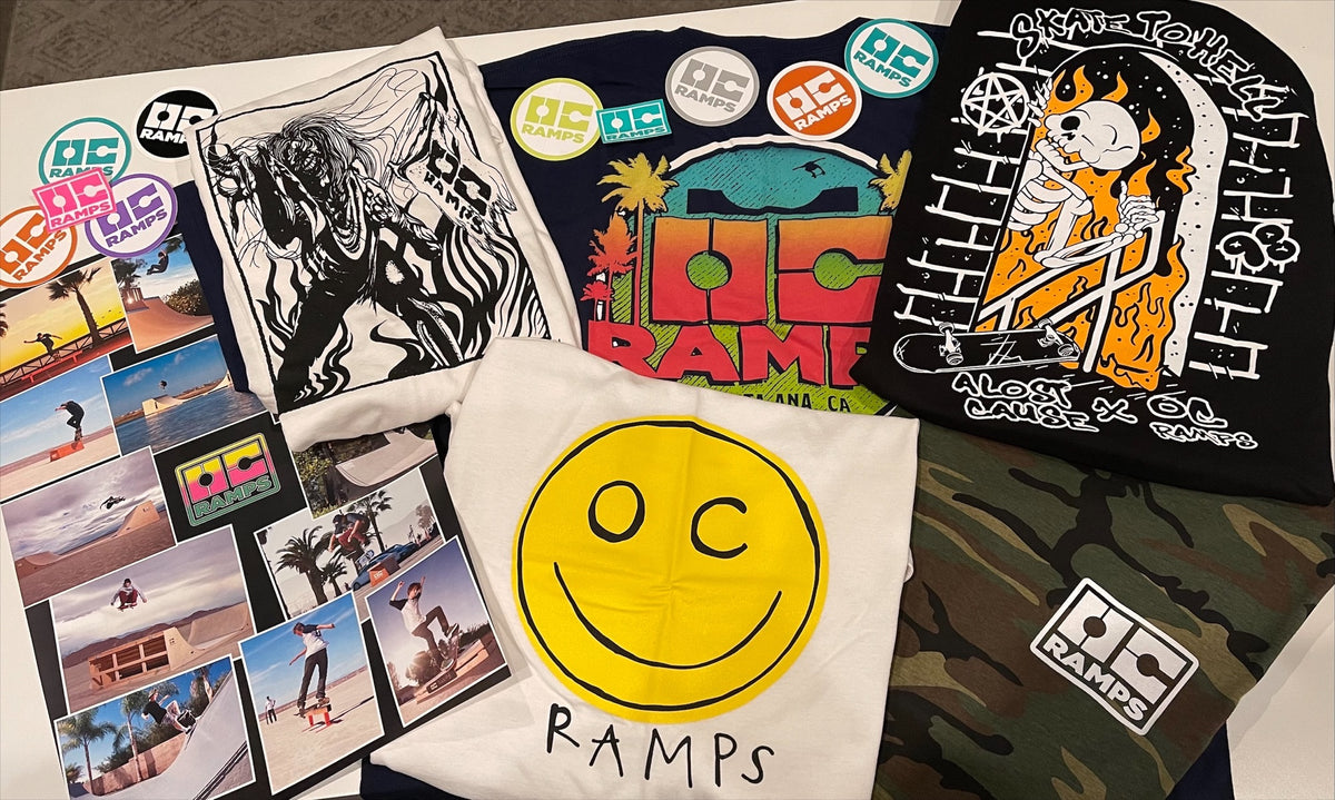 Example OC Ramps T-shirt graphics, stickers and printed artwork; Goodie Pack styles vary