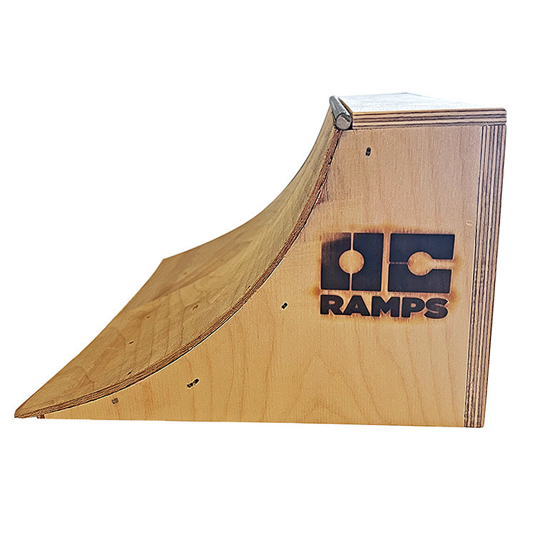 Upclose Side view of OC Ramps hand crafted plywood Fingerboard Quarter Pipe