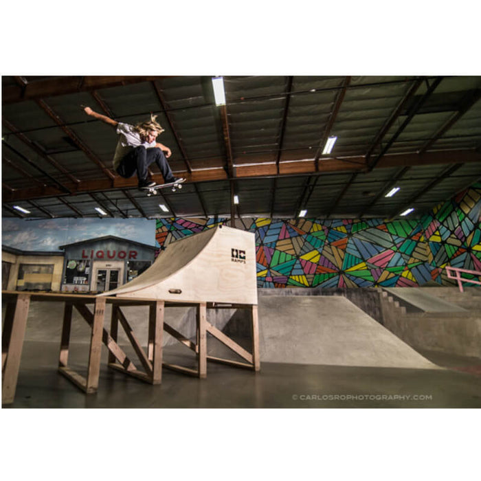 Skater Tom Ryen on OC Ramps 4 foot wide 3 foot tall quarter pipe skate ramp at the Berrics