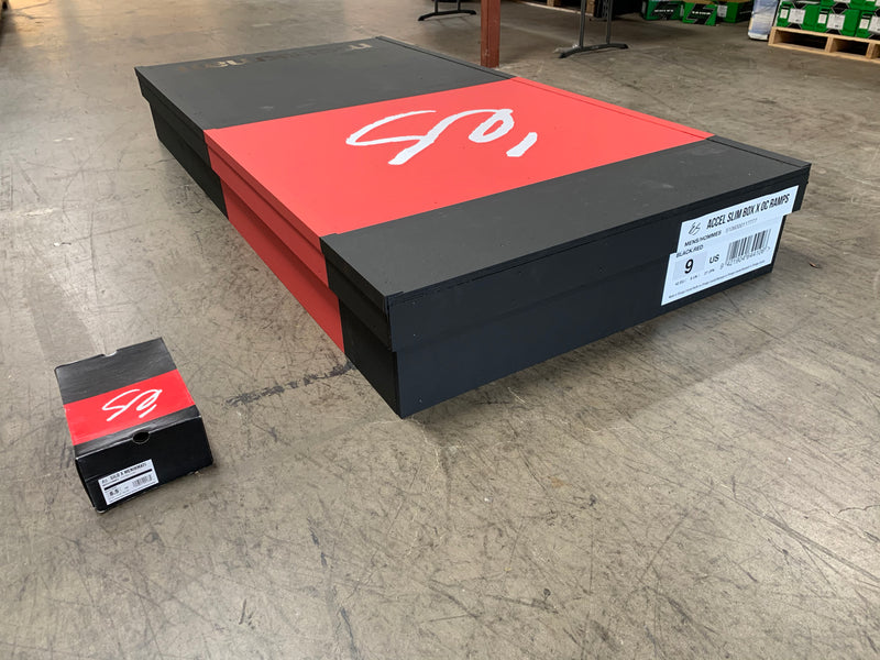 Size comparison of actual ES shoe box and skate ledge by OC Ramps